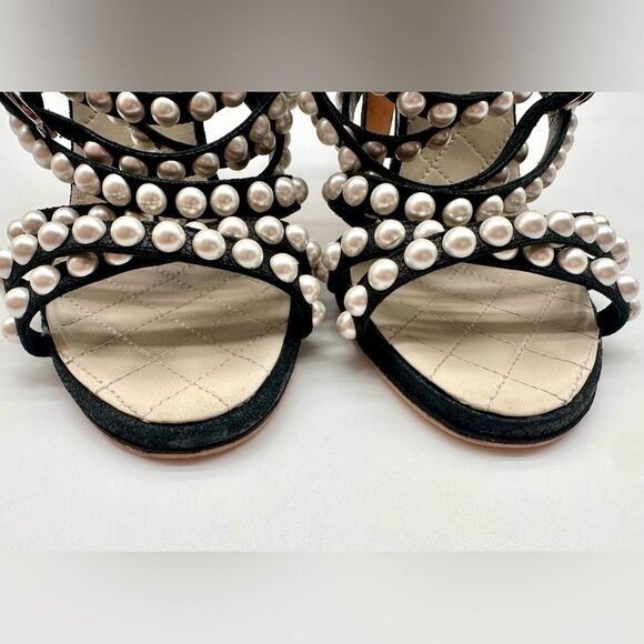 Chanel CC Logo Pearl Embellished Black Leather Quilted Leather Sandals EU 37.5 C - Picture 11 of 13